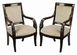 Good Pair Empire Carved Mahogany Arm Chairs