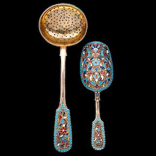 Russian Silver Gilt and Enamel Strainer and Sugar Scoop 