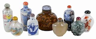 Nine Asian Porcelain and Hardstone Snuff Bottles