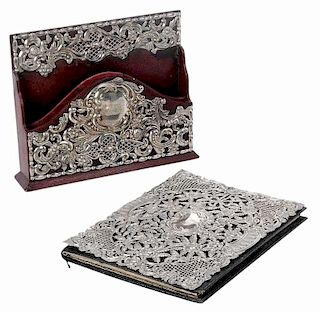 Two English Silver and Leather Desk Accessories