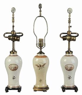 Three Chinese Export Vases Converted to Lamps
