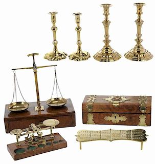 Eight Brass and Wood Table Items