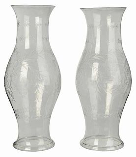 Pair Large Etched Blown Glass Hurricane Shades