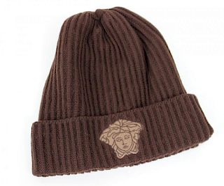 VERSACE, BROWN KNITTED BEANIE