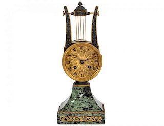 19th Ct. French Empire Bronze & Marble Lyre Clock