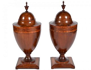 Pr. English 19th C. Wood Cutlery Urns with Inlays