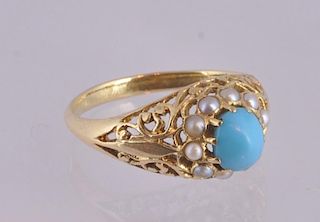 Victorian 18Kt Gold Turquoise & Pearl Ring