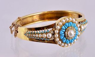 Signed 14Kt Gold, Diamond, Pearl, Turquoise Bangle