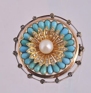 Victorian Turquoise, Gold, Diamond & Pearl Brooch