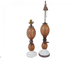 2 French Cane Wrapped Seltzer Bottle Lamps