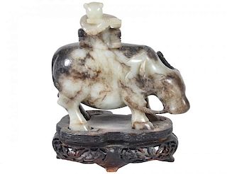 Chinese Jade Carved Bull & Figure Playing Flute