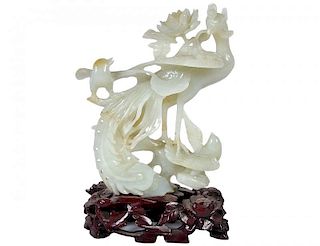 Chinese Carved Jade Birds on Carved Base