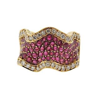 Chanel 18k Gold Diamond Ruby Wavy Ring
