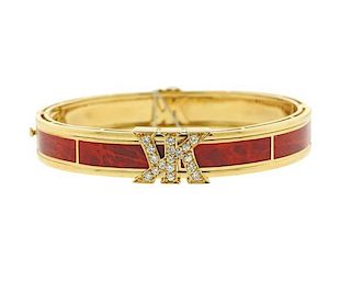 Korloff 18k Gold Diamond Red Enamel Bangle Bracelet
