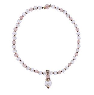 Boucheron 18k Gold Rose Quartz Crystal Diamond Necklace