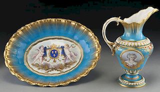 Jeweled Sevres style oval bowl with water jug,