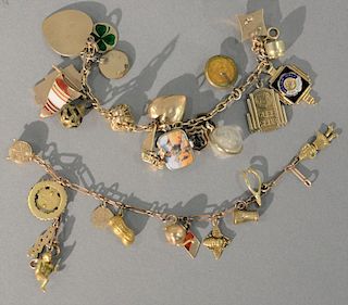Two gold charm bracelets with several gold charms on each. 65.5 grams
