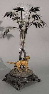 Figural epergne vase with bronze dog and silverplated palm tree on silverplated base. ht. 17in. Provenance: Property from the