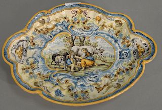 Majolica platter with painted scenes, probably Italian or Portugese, 19th century. lg. 14in., wd. 10in.