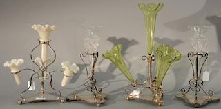 Four piece lot to include pair of crystal vases in silverplate holders, silverplate compote with vase and silverplate epergne