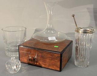 Five piece group to include Hawke cocktail shaker with sterling rim, Steuben ice bucket, Waterford apple, Reidel urn, and a H