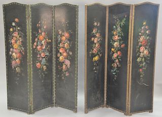Pair of three fold dressing screen with hand painted flowers (in two parts). ht. 68in., total wd. 108in.