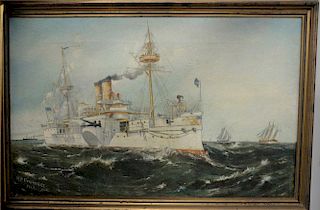 W.F. Powderly, oil on canvas, American Battleship, signed lower left: W.F. Powderly 1901, 22" x 35".