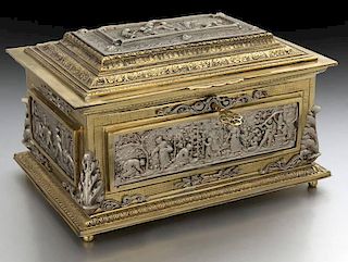 French silvered and bronze-dore casket with key,