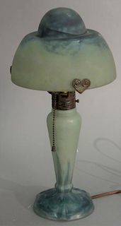 Daum Nancy mushroom table lamp, green and blue color, signed Daum Nancy (heat crack in shade). ht. 15in. Provenance: Property