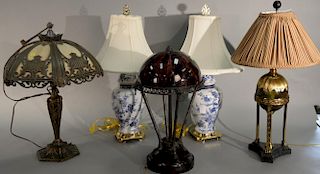 Five table lamps including panel shade lamp, two contemporary lamps, and blue and white porcelain lamps. ht. 22in. to 29in.