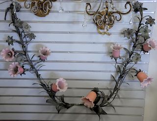 Pair of metal wall sconces, each with four pink case glass shades (two shades are probably replacements). ht. 36in.