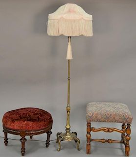 Three piece lot to include floor lamp with custom silk shade, shade not connected (ht. 59in.,) and two footstools (ht. 15in.