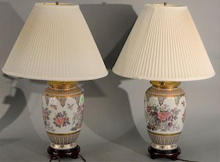 Pair of Rose Famille style table lamps. vase ht. 11in.