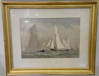 Pair of Fred S. Cozzens colored lithographs, untitled including one of sailing venssels with tugboats in rough sea and one wi
