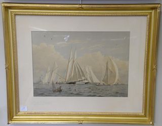 Pair of Fred S. Cozzens colored lithographs, sailing vessels at bregatta and small ship with early American flag and sailing