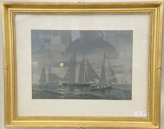 Fred S. Cozzens, colored lithograph, untitled ships at night, pencil signed lower left: Fred S. Cozzens, sight size 14" x 20"