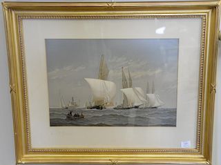 Pair of Fred S. Cozzens colored lithographs, untitled including one of ship sailing into choppy water and a rowboat with sail
