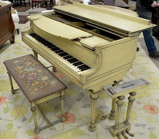 Baby grand piano and needlepoint top bench (finish as is). lg. 56in.