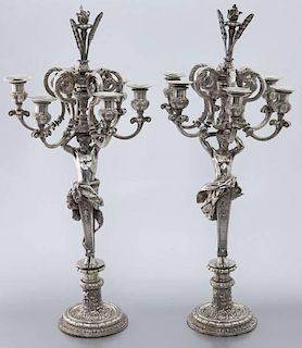 Pr. French silvered bronze 6-light candelabra