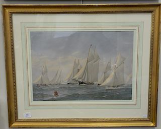 Pair of Fred S. Cozzens colored lithographs including one untitled and "Ship Race Around Bouy", signed in plate: Fred S. Cozz