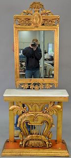 Two piece lot to include gold mirror 45 1/2" x 23 1/2"; marble top gold stand, ht 33 1/2in., wd. 34in.