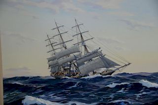 Jack Coggins (1911-2006), oil on canvas, sailing ship in rough seas, signed lower right: Jack Coggins, 20" x 36".
