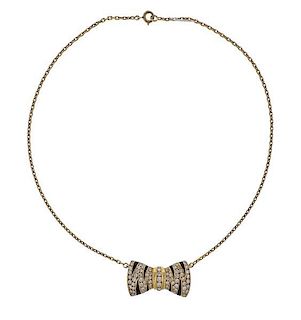 O J Perrin 18k Gold Diamond Enamel Bow Pendant Necklace