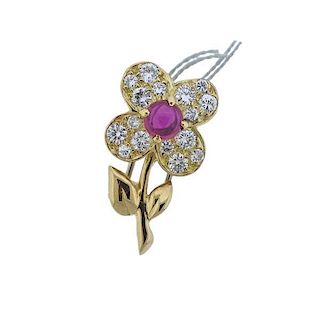 Van Cleef &amp; Arpels 18k Gold Diamond Ruby Flower Brooch