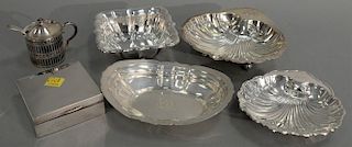 Sterling silver lot with shell dishes and small cobalt lined sauce. 15.9 t oz. plus sterling silver box.