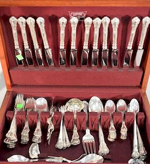 Large Gorham sterling silver flatware set to include 11 dinner forks, 11 salad forks, 12 soup spoons, 24 teaspoons, 12 cockta