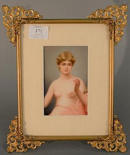Paul Thuman painted porcelain plaque "The Thread of Life" having Curtis Art Co. label on verso and marked on back Clotho the