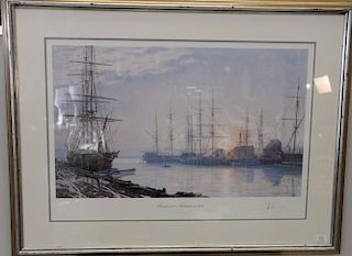 John Stobart colored print "Sunrise over Nantucket in 1835", pencil signed lower right: John Stobart #139/850, sight size: 21