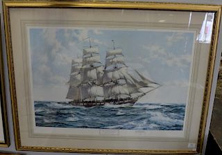Two piece framed lot to include Montague Dawson print, U.S.S. Constellation, signed in pencil lower right (sight size 21 3/4"