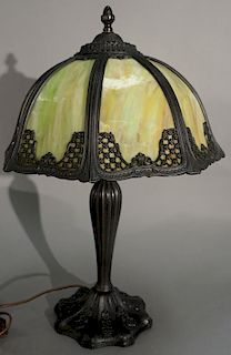 Small green slag glass table lamp. ht. 22in.